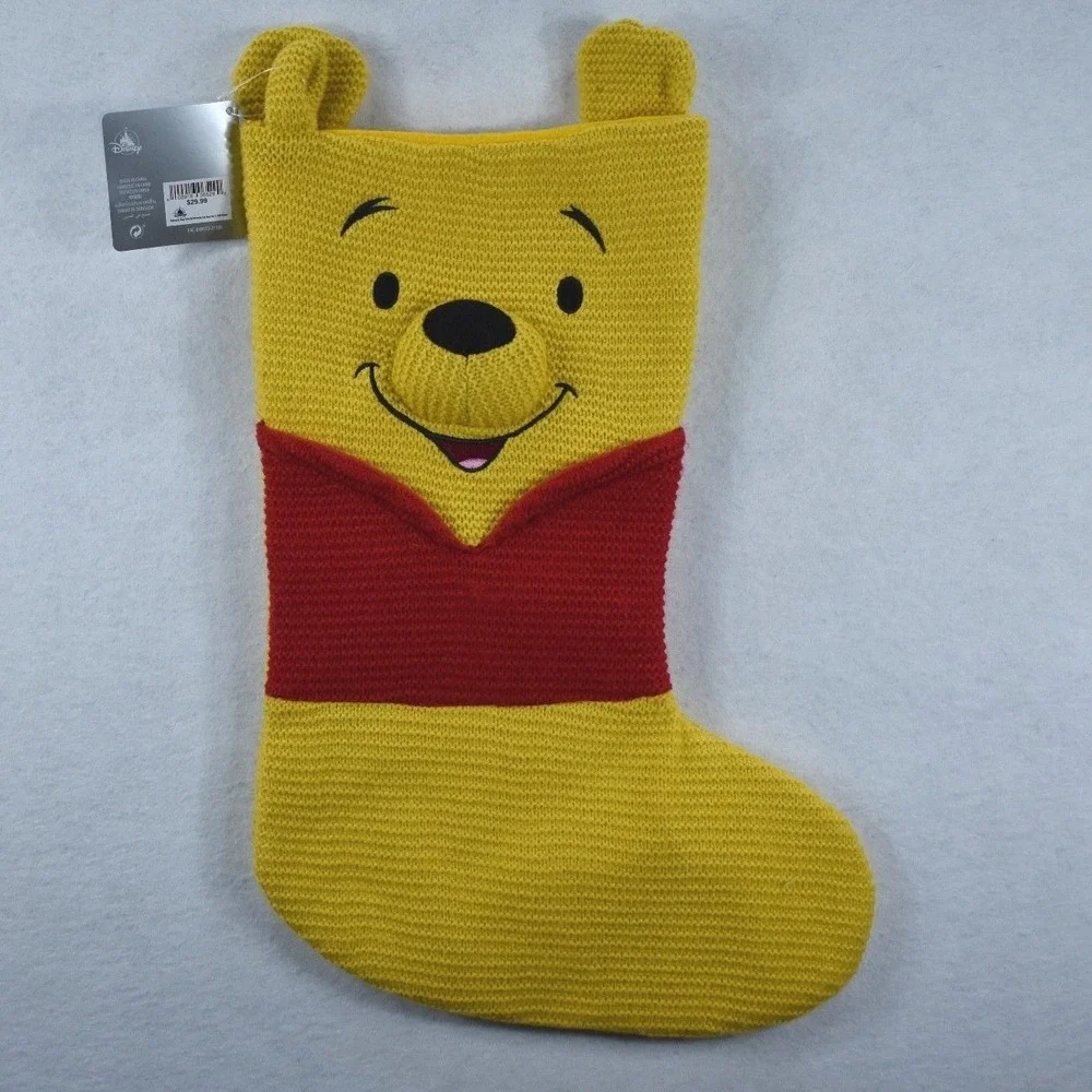 Disney Winnie the Pooh Knit Christmas Stocking Yellow Red Disney Parks NWT